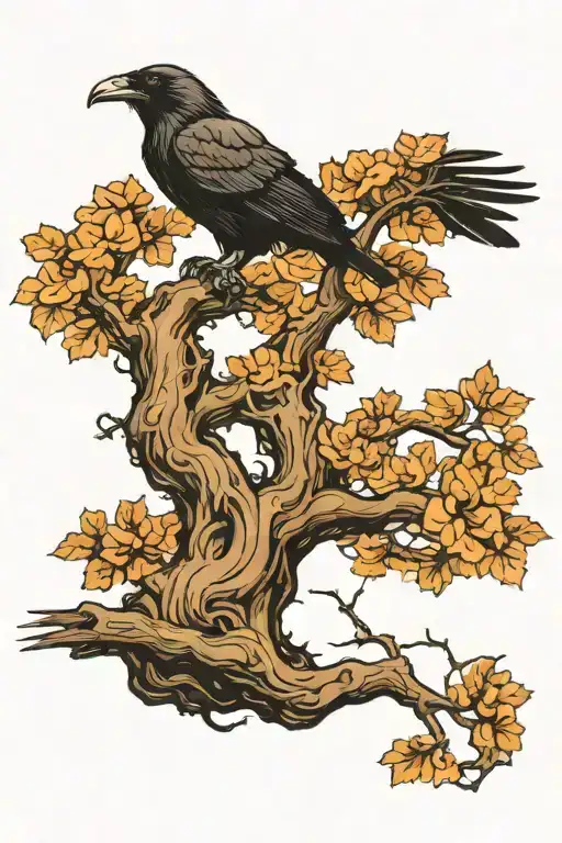 Old Tree With Crow Flying