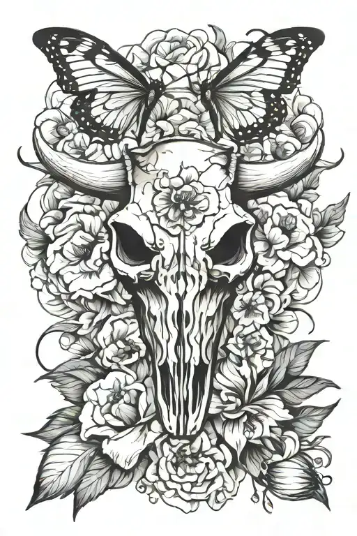 Bull Skull With Poppy & Gladiolus Flower Crown With A Butterfly