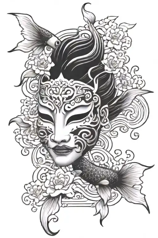 I Want Japanese Mask Tattoo With Flowers With A Koi Fish Jumping Out Of Water In Black And White