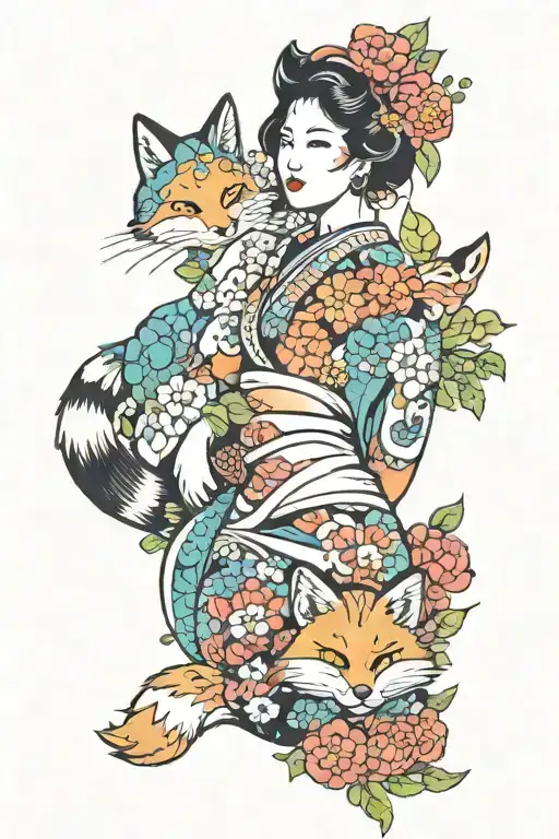 Colorful Japan Woman With Cat And Fox And Flowers