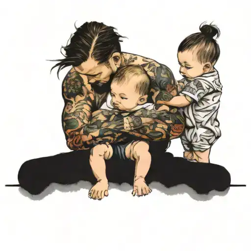 Baby Boy And Babygirl Sitting Holding Father Holding
