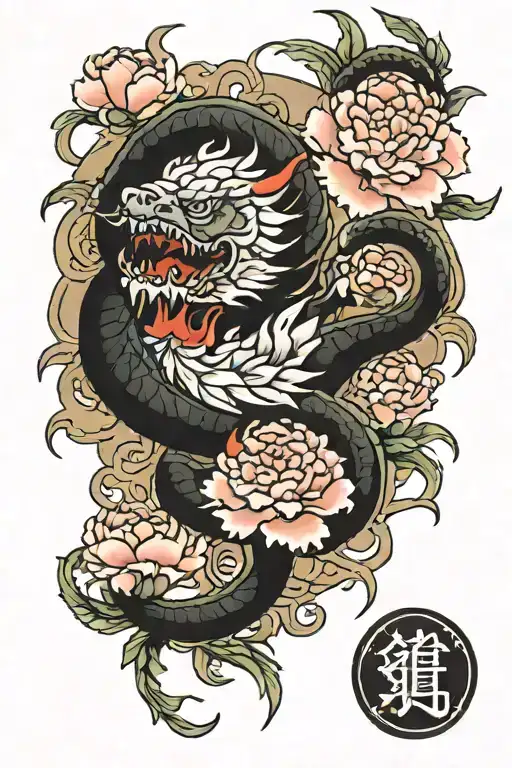 Carnation Flower With Japanese Dragon Around