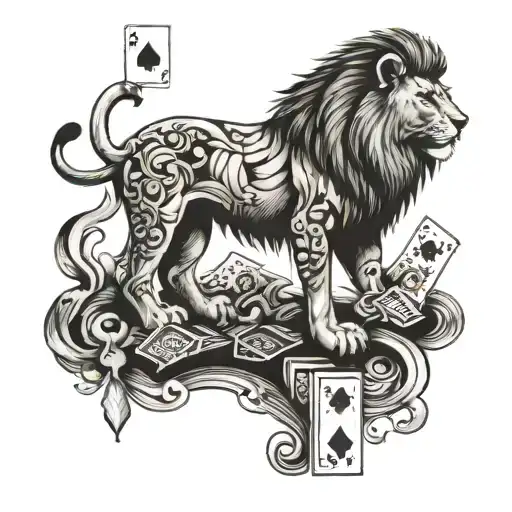 Lion Standing On 2 Feet With Poker Cards Around Lion