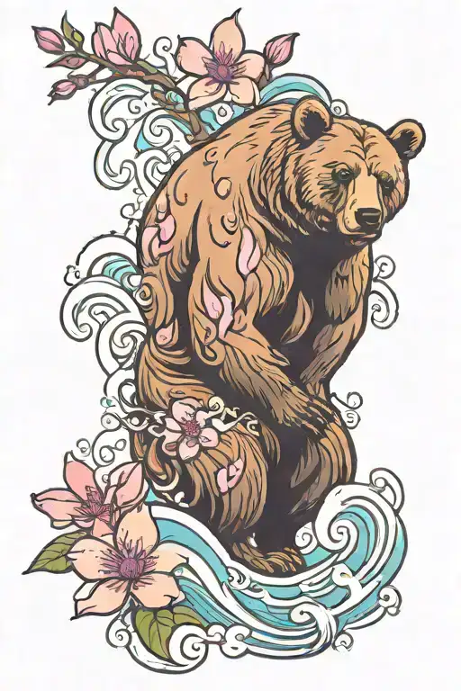 Bear With Flowing Waves Around It And Pink Magnolias
