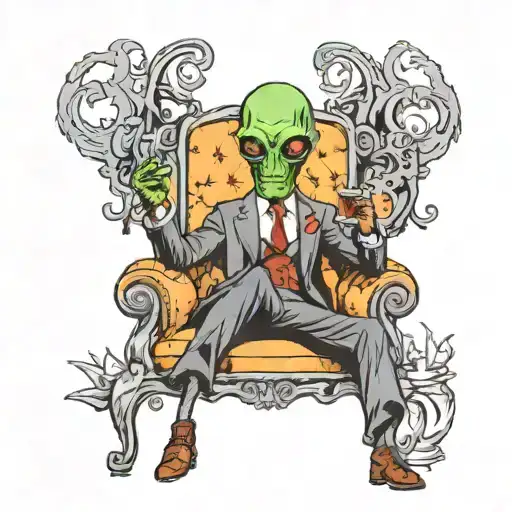 An Alien Wearing A Suit Sitting On A Chair Smoking A Cigarette And Drinking Whiskey