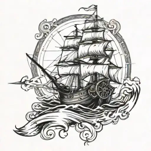 Ship At Sea With Compass And Cross Wrapped