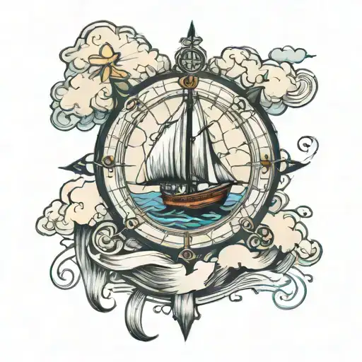 Boat At Sea Compass With Cross With Clouds Above