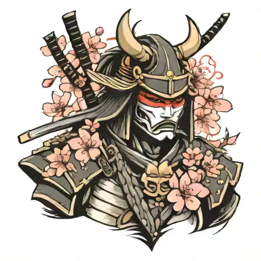 Samurai With Mask And Sakura Flowers