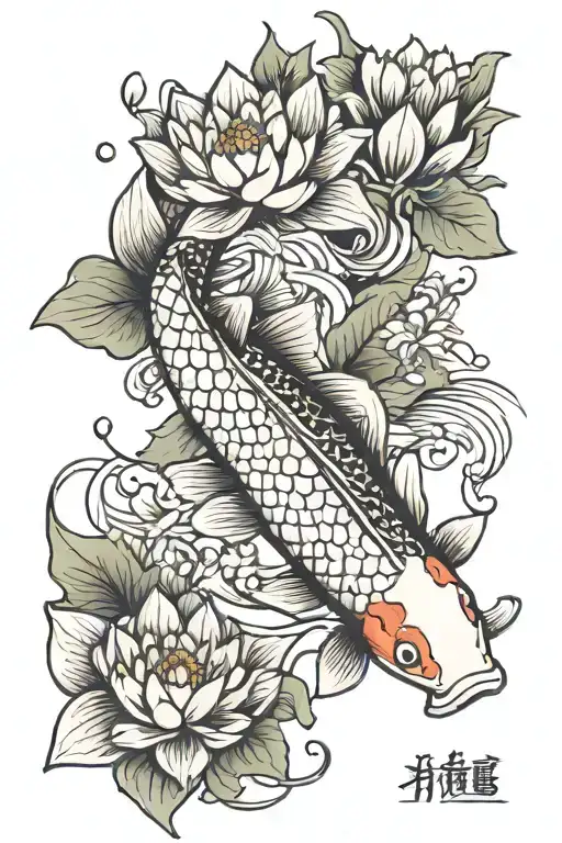 Koi Fish Swimming Around Lotus Flower Blooming