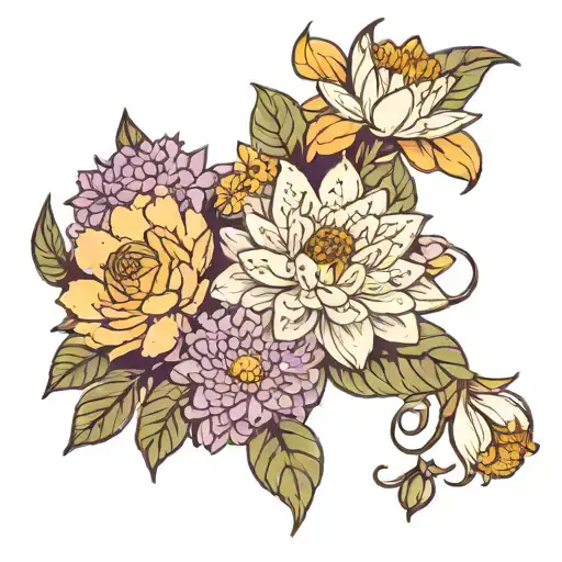 Flower Bouquet With Marigold Water Lily Narcissus Violet And Mums