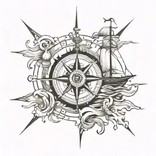 Ship At Sea With Compass And Cross Intertwined