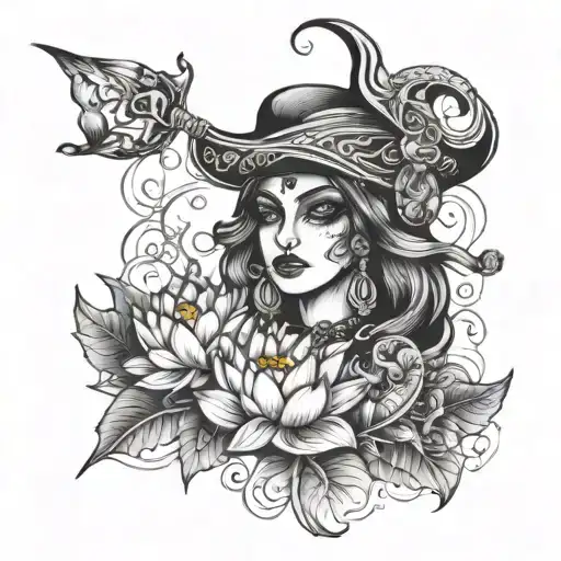 Gypsy Pirate And Lotus Fish Tattoo Black And White