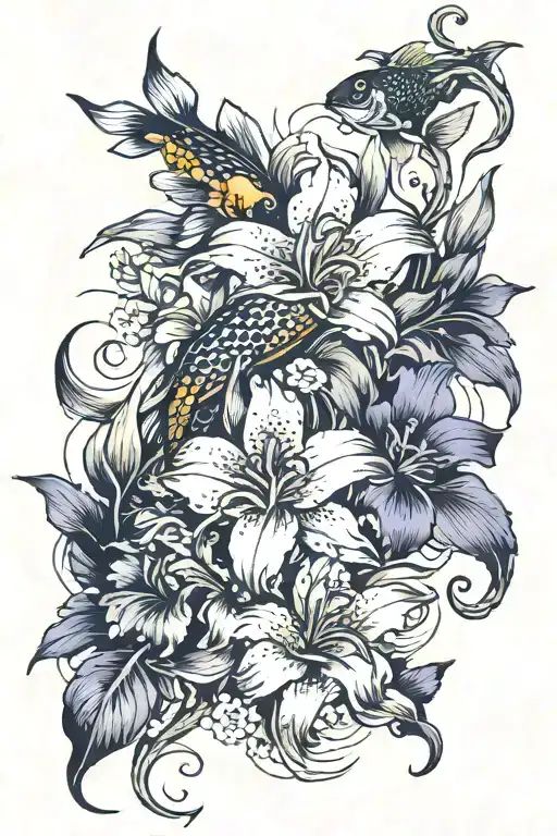 Honeysuckle And Iris Flower With Koi Fish