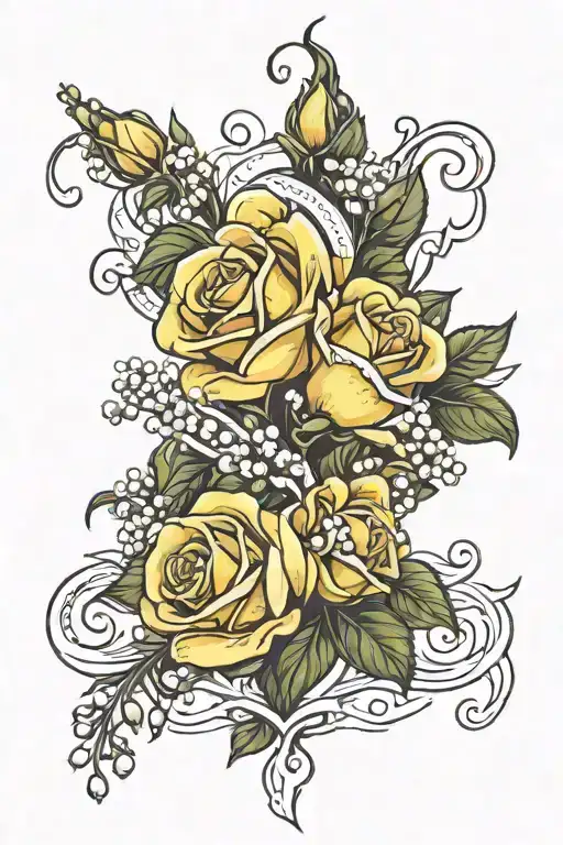 Yellow Roses With Lily Of The Valley Intertwined
