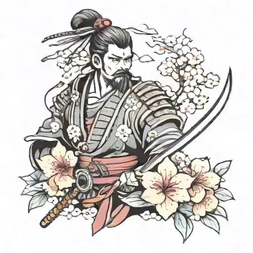 Samurai With Onimask And Sakura Flowers