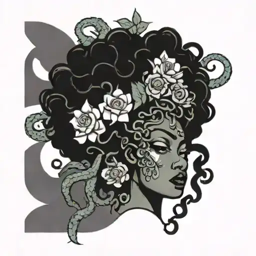 Dark Mystical Medusa African Woman Face Big Hair Flowers