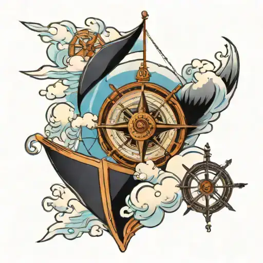 Ship At Sea With Compass And Cross Wrapped And Clouds
