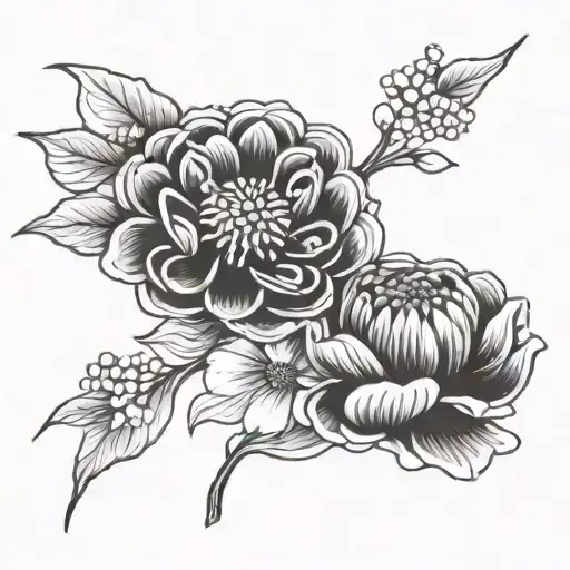 Zinnias Side Of Thigh Tattoo With Cherry Blossoms Black And White