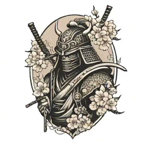 Samurai With Mask And Sakura Flowers