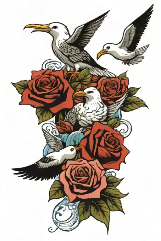 Beach With Water Seagulls And Roses Blooming