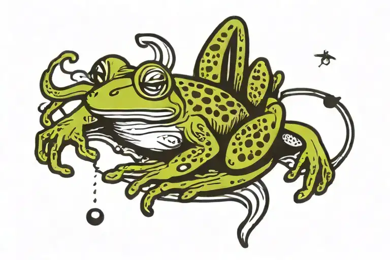 Black Line Tattoo Around Ankle With Gap Where Frog Drinks Coffee