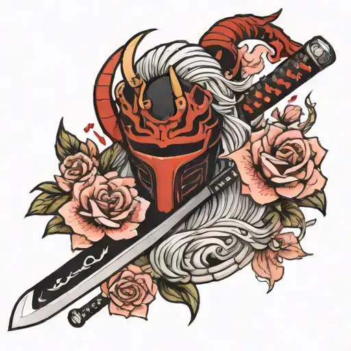 Katana With Petals And Demon Mask