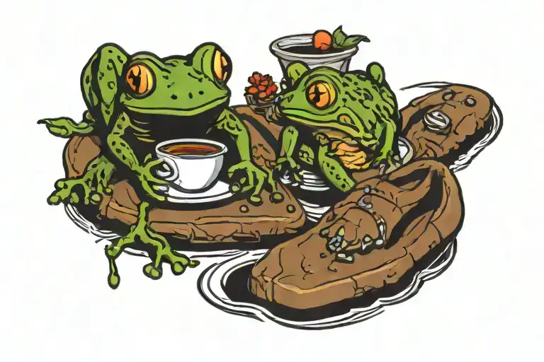 Black Line Tattoo Around Ankle With Gap Where Frog Drinks Coffee