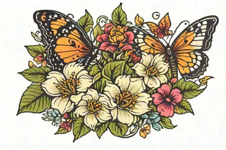 Flowers And Leaves With Butterflies Include Aquarius