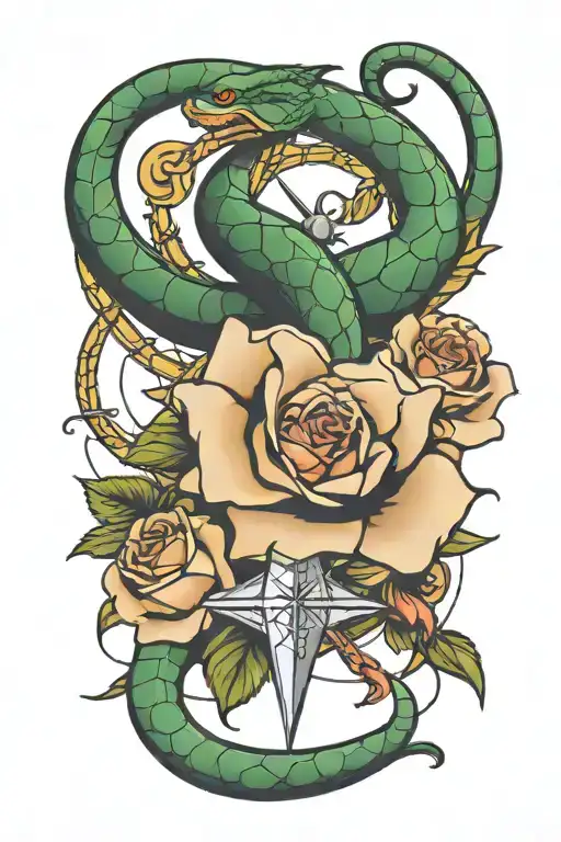 Rose With A Compass And Broken Baseball Bats And Snakes Wrapping Around