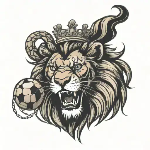 A Lion Roaring Lion Wearing A Crown And Clawing A Soccer Ball