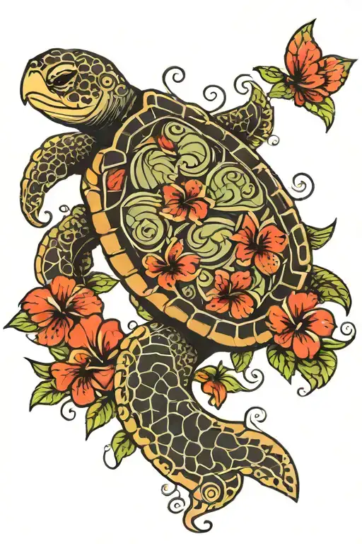 Maori Sea Turtle With Red Hibiscus Flowers