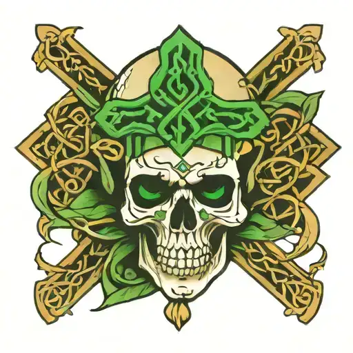 Skull With Green Cross On Head And Celtic Knot Around It