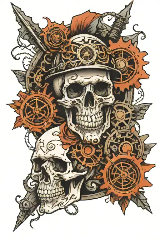 Skull With Gears And Boussole De Navigation