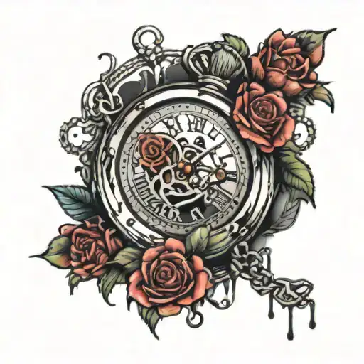 Pocket Watch Surrounded By Roses With The Color Dripping From Them And Rosary Beads