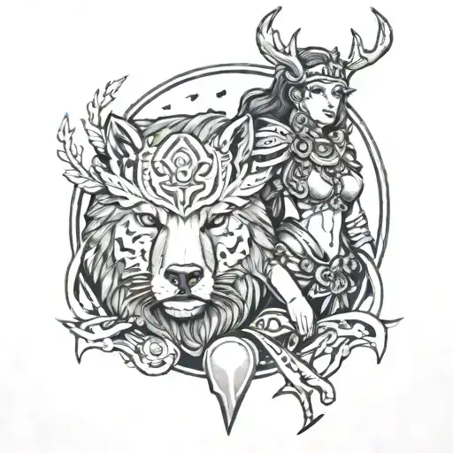 Female Warrior Bear Deer Moon
