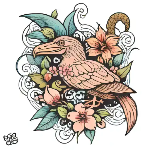 Platypus With Flamingo And Parrot With Flowers And Water