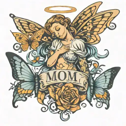Masculine Tattoo That Says Mom With A Guardian Angel And Butterflies