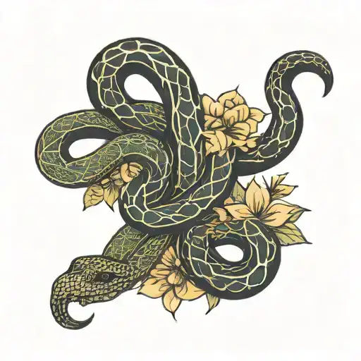 A Line With Two Snakes Intertwining And Flowers