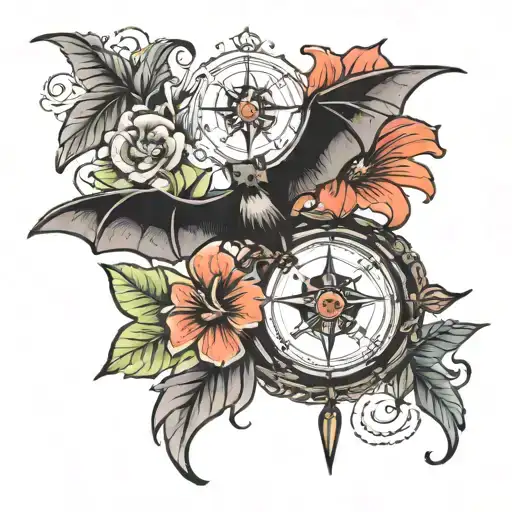 Bat And Compass With Hibiscus Flower