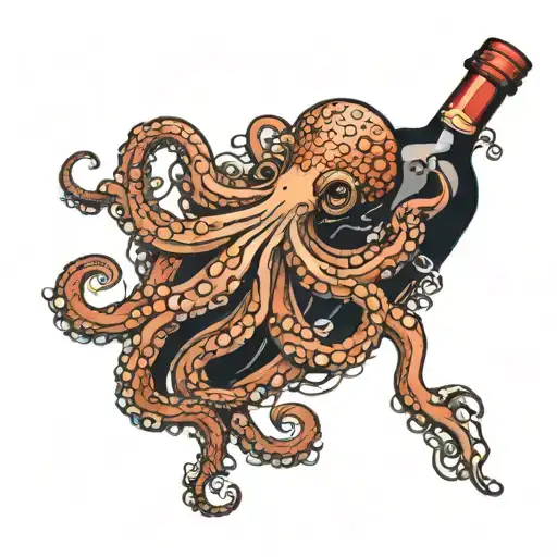 Wine Bottle And Octopus Gracefully Swimming