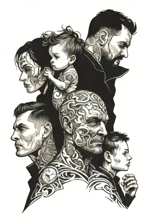 Father With His Eldest Son And Youngest Daughter Against The Background Of A Clock