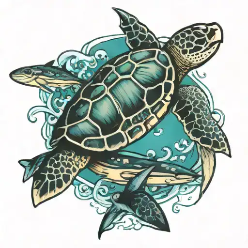 Sea Turtle And Sharks Swimming