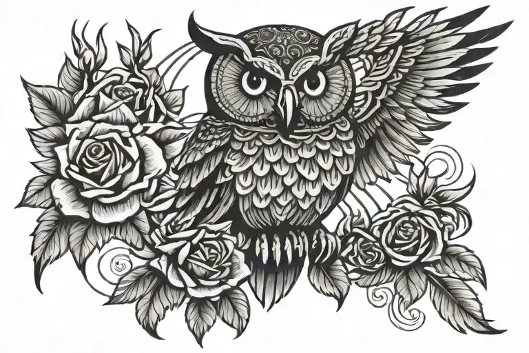 Aztec Owl Perched On Sun And Roses