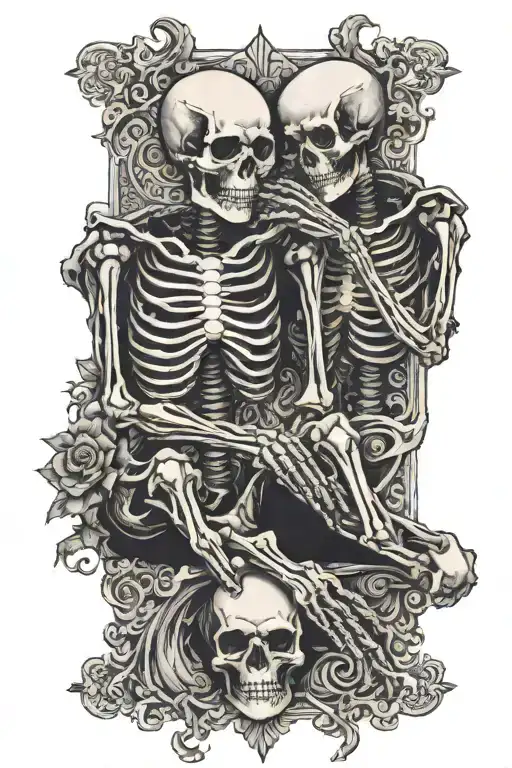 Two Small Skeletons Praying On Knees With Lace Design Background Them Upper Arm Sleeve