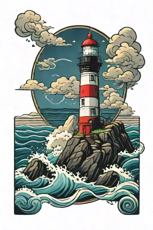 Non-working Lighthouse On A Rock In The Sea With Thunderstorm And Waves