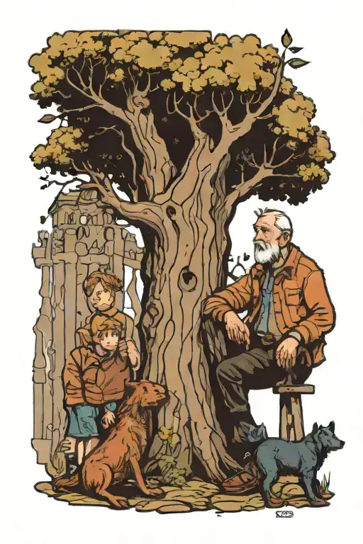 An Older Man And A Boy Looking Up Into A Tree With A Bear And Dogs Under The Tree