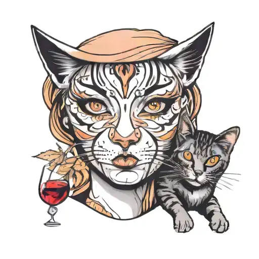 Woman Face With Cat And Glass Of Wine