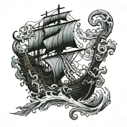 Kraken Attacking Pirate Ship Sailing Through Stormy