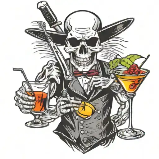 Skull Bartender Mixing Cocktails Martini Glass Knife