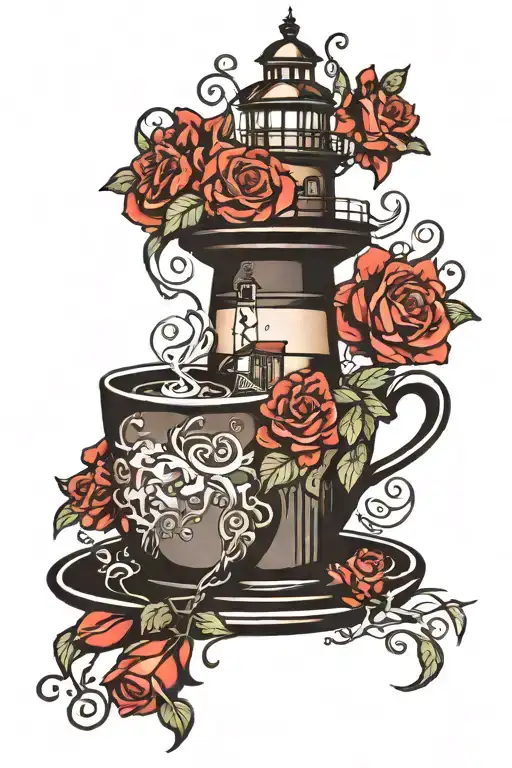 Coffee Cup Overflowing Lighthouse Roses Intertwined